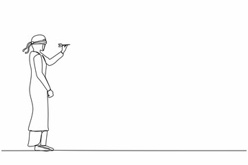 Poster - Continuous one line drawing confused Arabic businesswoman blindfold throwing dart. Unclear target or blind business vision, leadership failure or mistake aiming goal. Single line design vector graphic