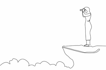 Poster - Single one line drawing Arabian businesswoman looking in binoculars standing on cliff. Business vision concept, leadership, achievement, target. Continuous line draw design graphic vector illustration