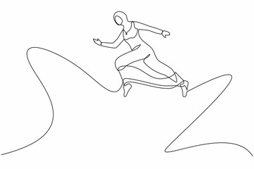 Poster - Continuous one line drawing young worker female jumping to show her success. Arabian businesswoman wearing hijab is jump from point to point on white background. Single line draw design vector graphic