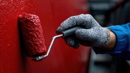 Poster - A person is painting a wall with a red paint roller