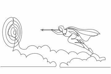 Poster - Single one line drawing superhero Arab businesswoman flying with arrow forward to goal to achieve success. Power leadership ambition and achievement. Continuous line design graphic vector illustration