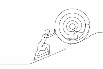 Poster - Single continuous line drawing Arabian businesswoman push up big target to mountain. Woman pushing giant target upwards. Goal too big can be difficult. One line draw graphic design vector illustration