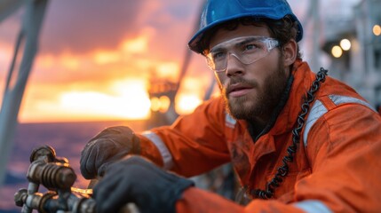 Poster - A man in an orange jumpsuit is wearing a blue helmet and safety glasses