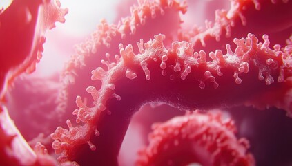 Close-up of vibrant, pink, organic structures resembling coral or microscopic organisms, exhibiting intricate, textured detail and a soft, diffused light