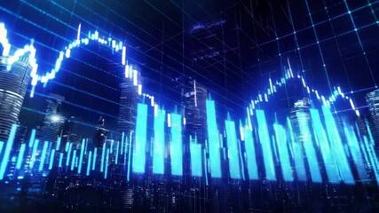 Poster - A futuristic city skyline is overlaid with digital financial graphs and data visualizations in blue tones.