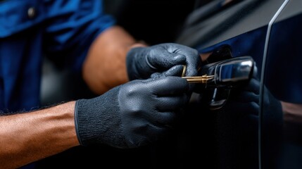 Poster - A man in black gloves is opening a car door with a key