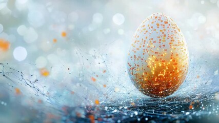 Poster - Abstract egg with luminous features: A futuristic abstract illustration of an egg. It has luminous dots and patterns, placed on a textured surface with liquid-like elements.