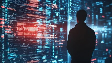 Aufkleber - A person stands in front of a large illuminated digital screen displaying complex data and glowing code.