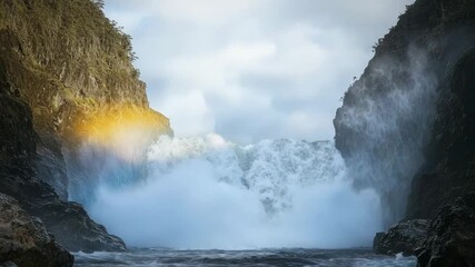 Poster - A powerful waterfall cascades between rocky cliffs, mist rising with a faint rainbow visible in the spray.