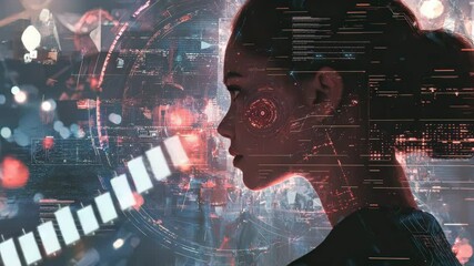 Poster - A woman’s profile is merged with digital interface graphics, suggesting a futuristic or cybernetic theme with glowing and holographic elements.