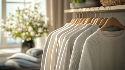 Poster - Sweaters hang neatly on hangers in a sunlit room, with flowers adding a fresh touch to the decor.