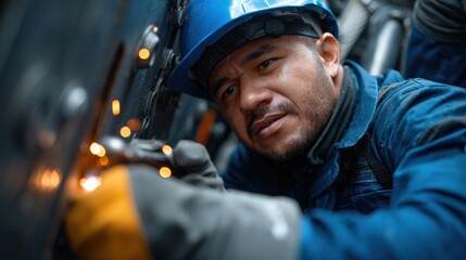 Poster - A man in a blue jacket and a blue hat is working on a piece of machinery