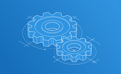 invention renovation and development concept, gears and cogs with cad engineering drawing isometric 