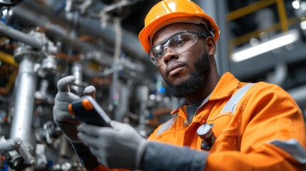 Poster - A man in an orange safety suit is looking at a tablet