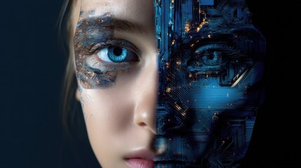Aufkleber - A girl's face is split into two halves, one half is blue