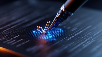 Poster - A pen is drawing a check mark on a computer screen