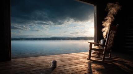 Aufkleber - A wooden rocking chair is on a dock overlooking a lake