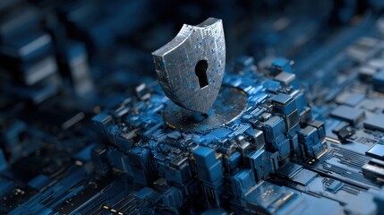 Aufkleber - A blue and silver computer chip with a key on top of it