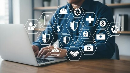 Poster - Person using laptop with health and safety icons overlayed on screen in a modern setting view