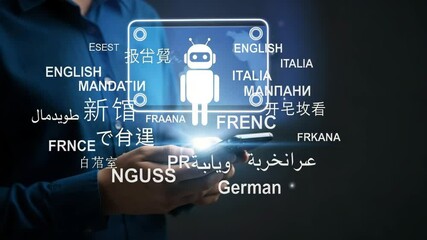 Poster - Person holding a device with a robot and various languages displayed on the screen interface app
