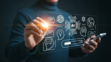 Poster - Person interacting with ai interface on transparent screen with phone in hand close up view