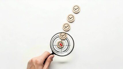 Aufkleber - Hand holding magnifying glass over target with check mark tokens on white background view