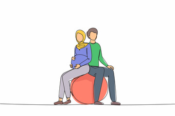 Poster - Continuous one line drawing expecting parents in yoga class for pregnant women. Man and Arab pregnant woman sitting in gymnasium ball. Paired yoga for pregnant women. Single line design vector graphic