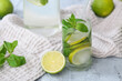 © Pixel-Shot - Glass of fresh Mojito cocktail with limes and mint on grey background, closeup