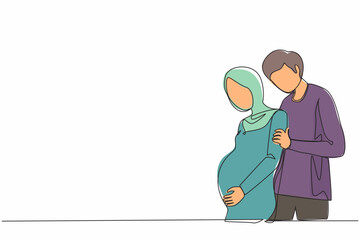 Poster - Continuous one line drawing young man carefully embraced Arabian pregnant woman. Husband and wife are expecting baby, young parents, family support. Single line draw design vector graphic illustration