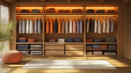 Aufkleber - Neatly arranged clothing and towels highlight an inviting wardrobe design with soft lighting.