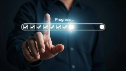 Poster - A hand touching a progress bar with checkmarks on a dark background indicating completion status