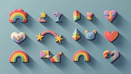 Poster - Colorful assortment of whimsical rainbow-themed shapes and objects on a blue background