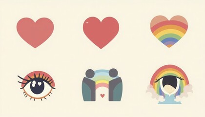 Poster - Colorful illustrations showcasing hearts, eyes, and rainbows with creative designs and flat aesthetics.