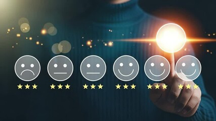 Poster - Person touching a glowing happy face icon among rating icons with stars on a dark background