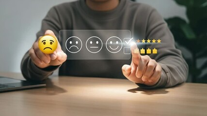 Poster - Person touching screen with smiley faces and star rating on a wooden desk with laptop