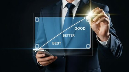 Poster - Man in suit drawing good better best chart on transparent screen with a stylus and holding phone