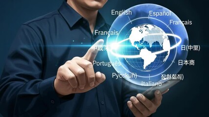 Poster - Person interacting with a digital globe displaying multiple languages on a dark blue background