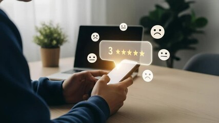 Poster - Person using smartphone with three star rating overlay and laptop in background on a wooden desk
