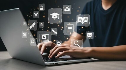 Aufkleber - Person typing on a laptop with digital education icons floating above the computer screen view