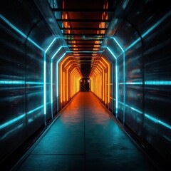 Poster - A glowing tunnel of neon blue and orange lights, creating a futuristic environment for exploration.
