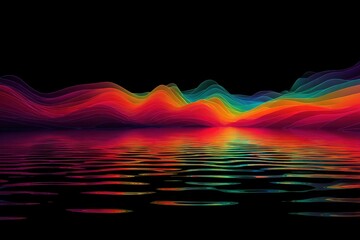 Poster - Abstract landscape with colorful waves reflecting in water against a black background, digital art illustration with a vibrant, surreal color palette.