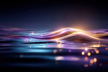 Poster - Captivating abstract background with glowing wave-like patterns in blue and gold hues, creating a sense of depth and motion with soft bokeh effects.