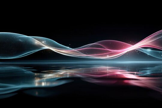 Abstract flowing lines with light flares and reflections create a modern, vibrant design, suggesting movement and technology on black background.