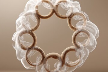Poster - Abstract background with multiple wooden rings arranged in a circular pattern, surrounded by white smoke and set against a neutral beige background. A conceptual design element.
