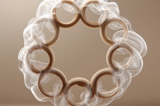 Abstract background with multiple wooden rings arranged in a circular pattern, surrounded by white smoke and set against a neutral beige background. A conceptual design element.