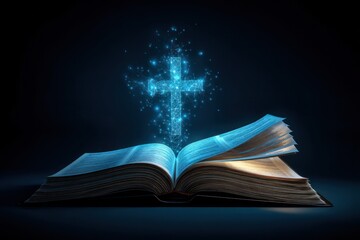 Poster - Open book with a glowing cross symbolizing religious themes in a peaceful, blue background.