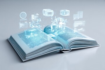 Poster - An open book with floating digital holograms showcasing technology, education, and innovation.
