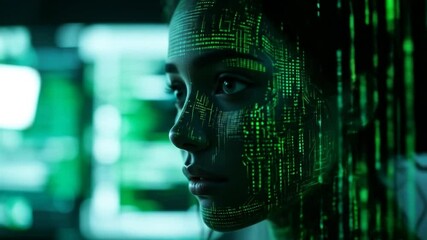 Black Woman Female It Specialist Face With Artificial Intelligence Green Virtual Code. 4k video