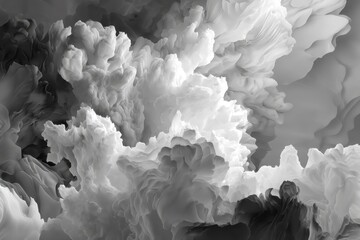 Poster - Monochrome abstract background with flowing clouds, simulating ethereal, detailed structures and atmospheric depth creating an imaginary landscape art piece.