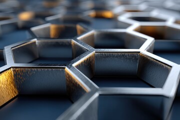 Poster - A close-up shot showcasing an intricate metallic hexagonal pattern, highlighting its dimensional structure and design, set against a dark blue background, with golden accents.